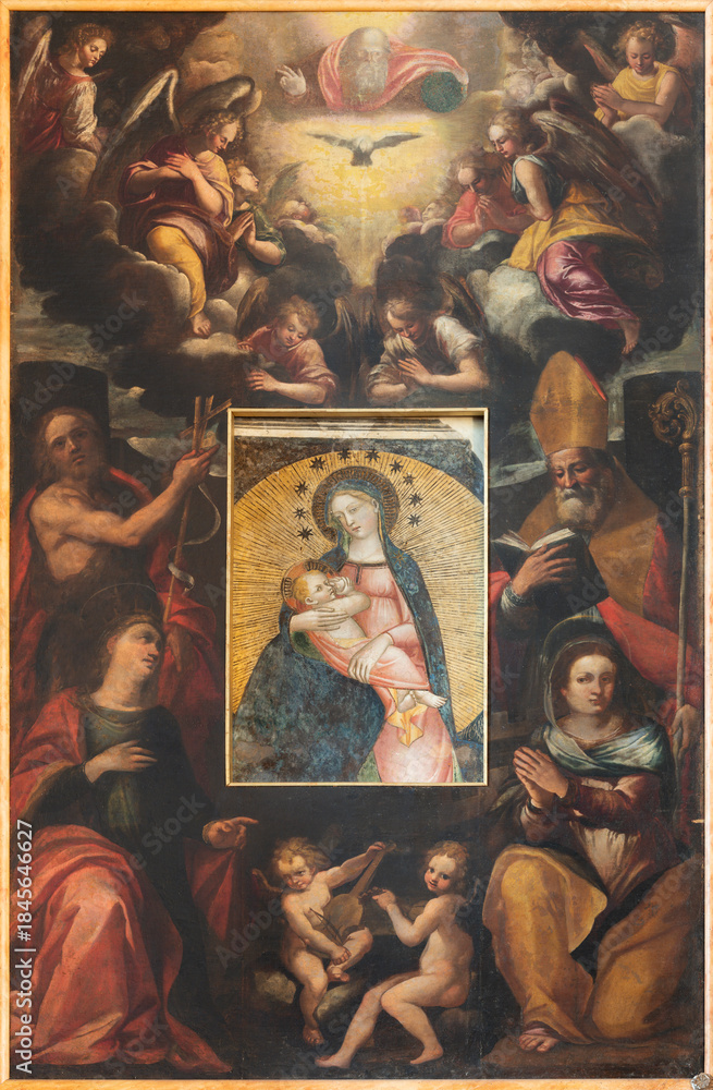Obraz premium Pistoia - The medieval fresco of Madonna della Umilitá (breastfeeding) in the church Chiesa di San Paolo by unknown artist.