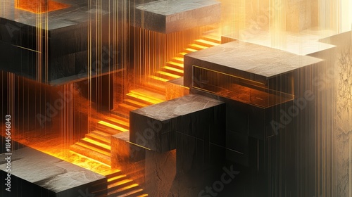 Fototapeta Naklejka Na Ścianę i Meble -  Dynamic abstract structure of glowing stairs linking floating geometric blocks, symbolizing data flow, technological networks, progression and futuristic innovation in a 3d cyber environment