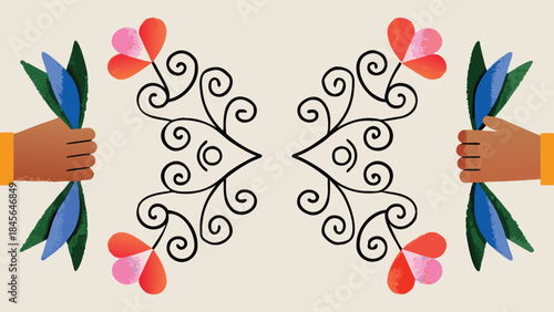 Hands holding bouquets of flowers with heart shaped leaves and black swirly designs on a pale green background