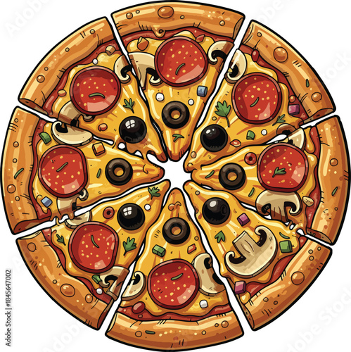 Delicious pepperoni and black olive pizza slices on white background