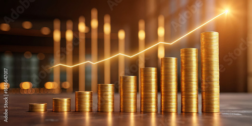 Gold coin stack growth rising chart financial success investment concept wealth increase economic trend golden glow business finance profit rise savings plan. Golden coin stack growth with rising