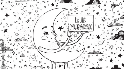 Eid Mubarak celebration with smiling crescent moon and stars