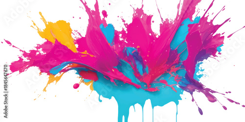 Colorful artistic watercolor ink paint splashes with abstract texture and pink drop splatter pattern design illustration