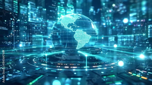 A digital globe, overlaid on data streams, floats above a futuristic circular platform, amidst a city