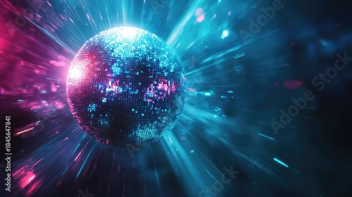 Classic mirrored disco ball actively reflecting energetic laser light rays and glowing bokeh effects, creating a dynamic background for music, celebration, and nightlife events