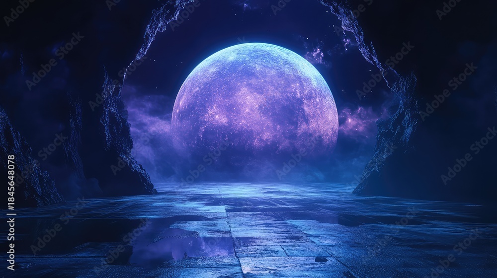 Obraz premium Distant alien planet illuminating a dark, rocky extraterrestrial landscape with a cosmic nebula, reflecting on the wet, textured ground, creating a futuristic fantasy scene