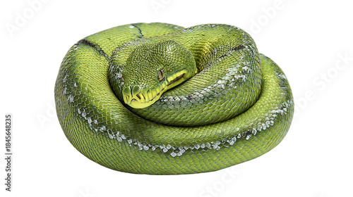 Green tree python coiled up sleeping isolated on transparent background