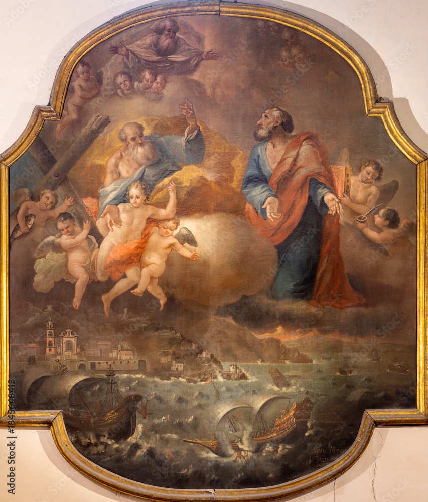 Obraz premium AMALFI, ITALY - OCTOBER 3, 2025: The painting The Help of Saints Apostles Andrew and Matthias in the Fight Against the Pirates of Barbarossa in Domo by Andrea d’Aste (1673–1721)