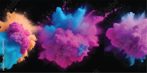 Abstract Multicolor Powder Burst Explosion on Black Background with Dynamic Dust Cloud for Modern Advertising Graphics