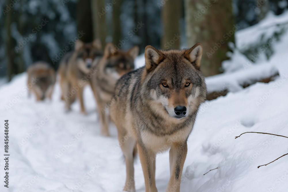 Fototapeta premium A striking image of a pack of wolves moving through a snowy forest, illustrating their strength, unity, and the serene beauty of a winter landscape.