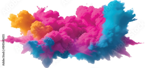 Vivid Color Powder Explosion Cloud Isolated on White with Pink Yellow and Blue Dust for Creative Graphic Design