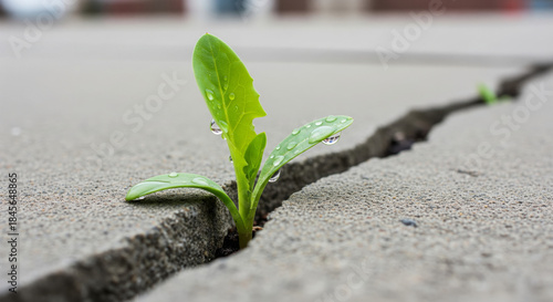 Fresh green sprout with water droplets emerging from crack in cement walkway floor symbolizing resilience or urban nature