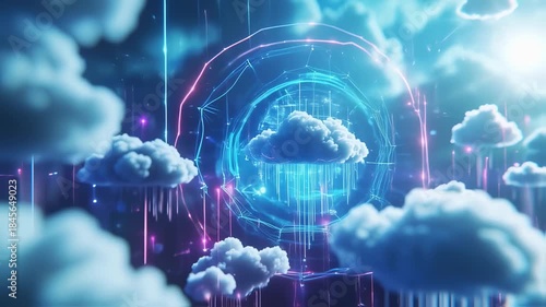 Futuristic digital cloudscape with glowing lines, data streams, and fluffy clouds. Vibrant blue and pink hues