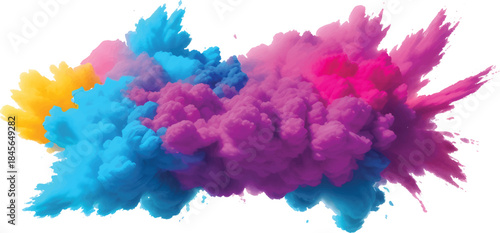 Colorful Powder Explosion Cloud Isolated on White Background with Vibrant Pink Yellow and Blue Dust for Creative Design and Advertising Use