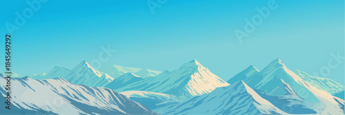 Mountain Winter Landscape, panoramic illustration of snow-covered white peaks, alpine scenery, cold winter mountains, panoramic nature view, scenic outdoor vector artwork.