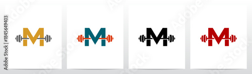 Flat Color Barbell Slipped in Letter Initial Logo Design M