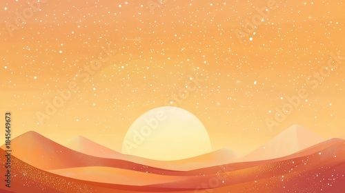 Fototapeta Naklejka Na Ścianę i Meble -  Desert landscape with rolling sand dunes bathed in warm orange red light, a glowing sun sinking below the horizon and a starry sky emerging for a serene, dreamy scene