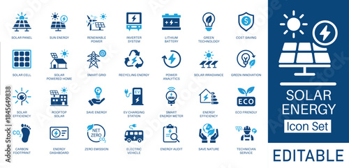 Solar Energy and Renewable Energy solid icon set. Includes symbols for Solar Panel, Smart Grid, Net Zero, and EV Charging. Solid vector icons for sustainability and eco projects.