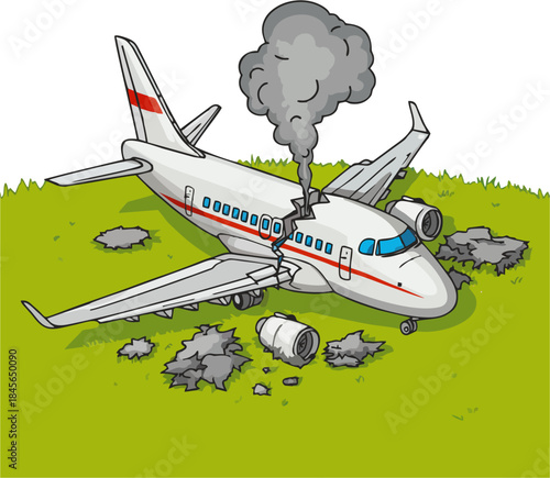 Cartoon Crashed Airplane on Grass Field – Broken Passenger Jet with Smoke and Debris Illustration