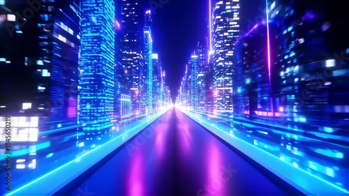 A perspective view of a neon-lit futuristic city at night. Buildings flank the road