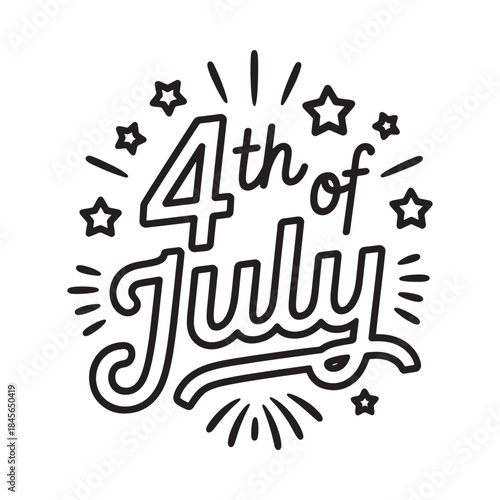 Black and white illustration celebrating the fourth of july with festive details