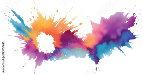 Colorful watercolor paint splashes and ink splatters create an artistic vector design with vibrant pink stains and grunge textures on a white paper background element