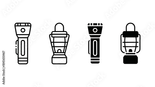 Simple outline and solid icons of flashlights and lanterns for camping and emergency lighting