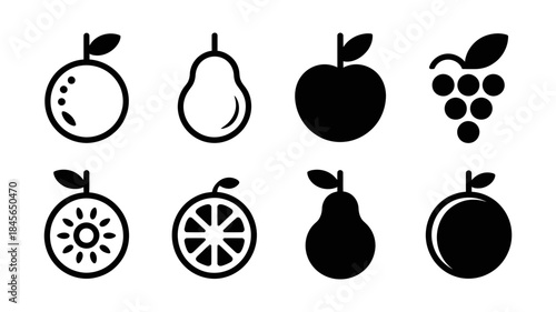 Simple black and white fruit icons representing a variety of fresh produce