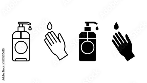 Hand hygiene icon set featuring soap dispenser and hand washing symbols for cleanliness