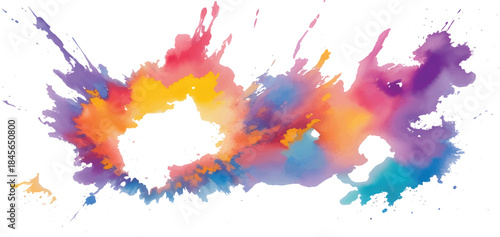 Colorful paint, ink, and watercolor splashes create an artistic, rainbow grunge pattern and texture on a white background for design and illustration