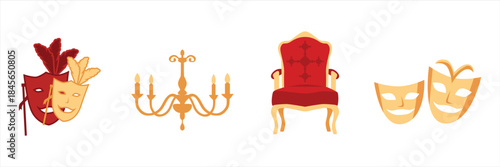 Classic theater symbols illustration set featuring drama masks chandelier and elegant stage chair isolated on white background