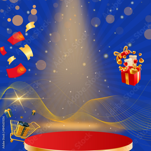 This flash sale/big sale promotional banner template with a blue background is designed to showcase products or announce attractive offers. It includes a display stand, gift boxes, and discount cards.