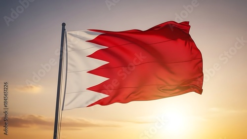 The national flag of bahrain waving against a golden sky at sunset