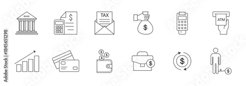 Personal Finance icons set. Includes icons for budgeting, savings, expenses, credit card, piggy bank, finance, income, debt, investment, and money management. Line icons. Perfect for infographics.