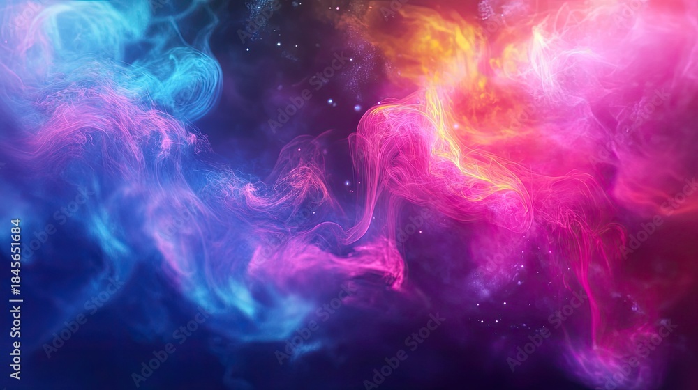 Obraz premium Vibrant nebula smoke clouds swirling in blue, pink, and orange with sparkling stardust and glowing particles, creating a dynamic, dreamlike cosmic background for modern design