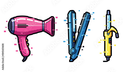 Colorful hair styling tools: pixel art hairdryer, straightener, and curling iron