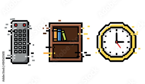 Pixel art objects: remote control, bookshelf, clock in retro style