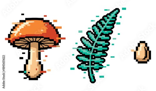 Pixel art mushroom, fern leaf, and seed in simple design