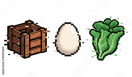 Pixel art objects: wooden crate, egg, and lettuce with retro design