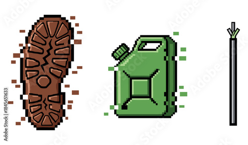 Pixel art: boot print, fuel can, and arrow on white background