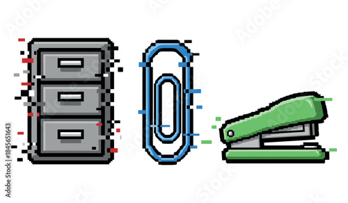 Pixel art office supplies: filing cabinet, paperclip, stapler