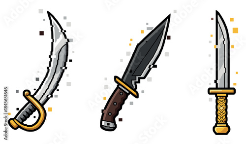 Set of three detailed cartoon swords with distinct styles and colors