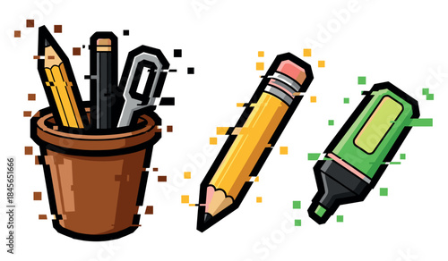 Stylized office supplies: pencil, pen in holder, and highlighter