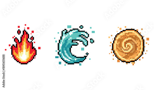 Pixel art elements: fire, water, earth - vibrant 8-bit style