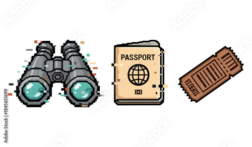 Pixel art binoculars, passport, and ticket illustration