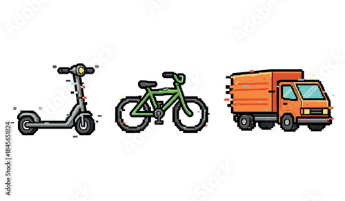 Colorful pixel art electric scooter bicycle delivery truck on white background
