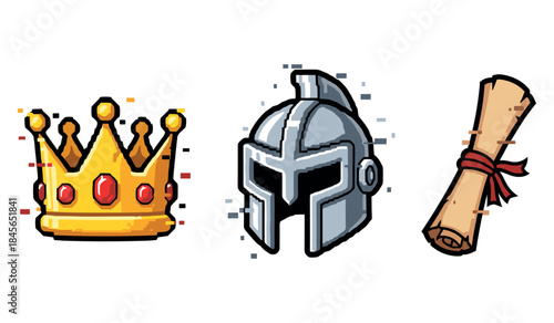 Pixel art icons: golden crown, medieval helmet, rolled scroll