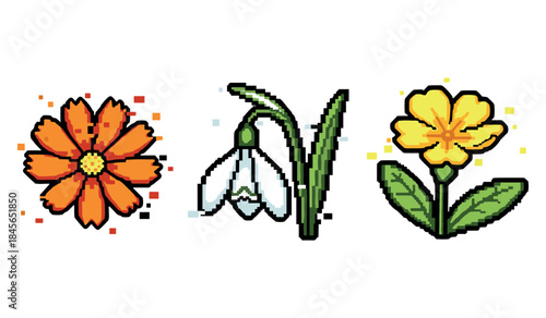 Pixel art flowers: vibrant orange, elegant snowdrop, bright yellow blossom