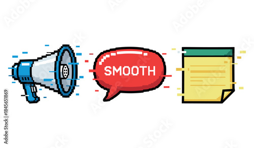 Pixel art megaphone speech bubble smooth text animated sticky note