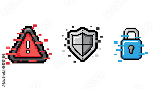 Pixel art icons: warning triangle, shield, lock for security alert